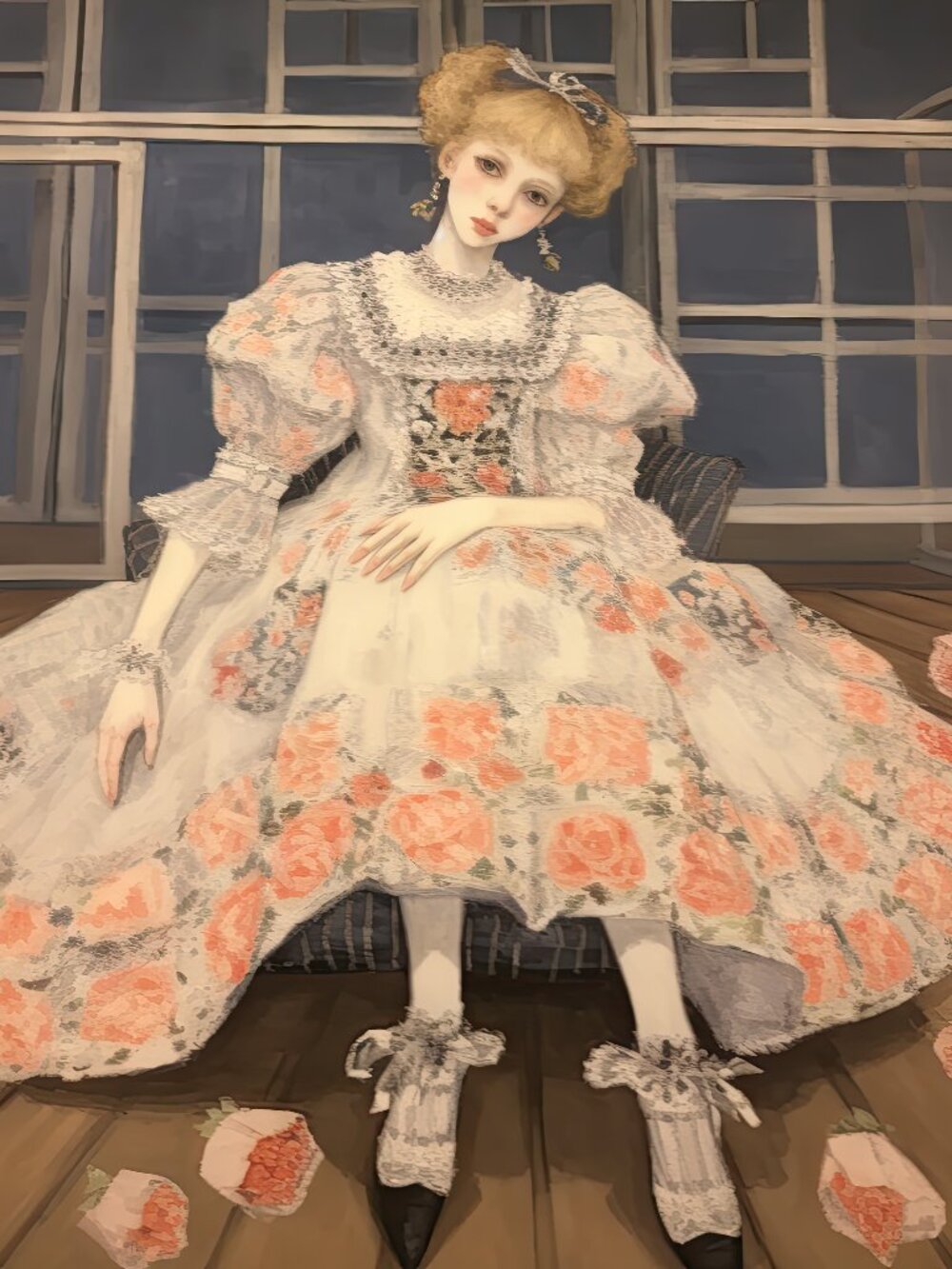 Floral Lace dress worn by Victorian Porcelain Doll Small Space Art Wall Decor